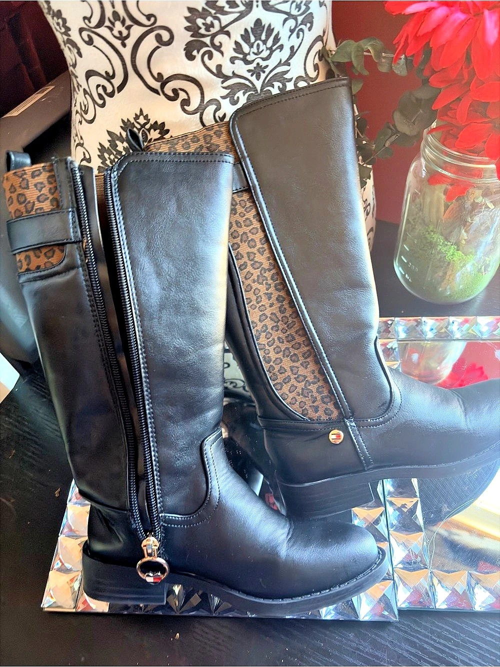 Tommy Hilfiger Girls Black & Brown Animal Print Boots BRAND New